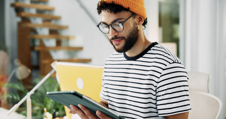 Poster - Smile, man and reading on tablet in office for research, schedule update and review newsletter. Male journalist, digital and editing article, story information and feedback for magazine publication
