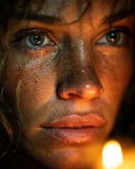 Poster - Extreme Close Up of Woman's Face Illuminated by Warm Light from Below Showing Intense Emotion and Wet Skin Texture Capturing Concepts of Hope Resilience and Human Spirit : Generative AI
