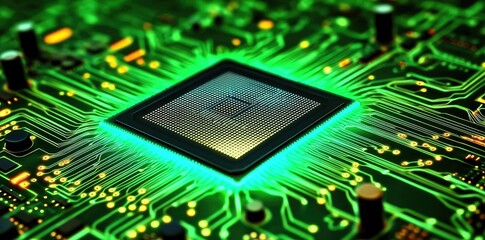Poster - Close-up view of illuminated electronic circuit board with green glowing components. showcasing intricate details of technology and innovation in a futuristic setting