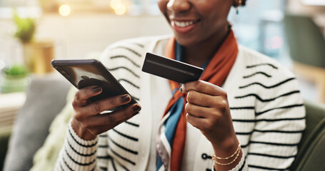Aufkleber - Home, credit card and black woman with smartphone, hands and online shopping with smile. African person, closeup and cellphone with debit transactions, banking and internet with payment and deal