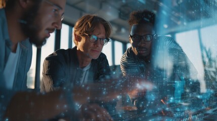 Fototapete - Three Diverse Men Analyzing Digital Data Overlay in Modern Office Meeting, Representing Technology Innovation and Business Collaboration : Generative AI
