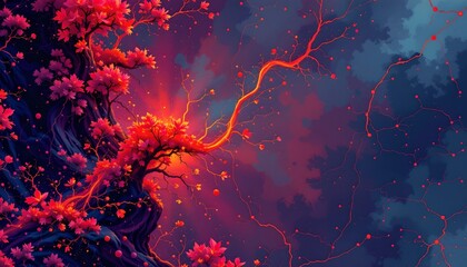 Poster - Fractal abstract background featuring a vibrant tree with striking red leaves in autumn
