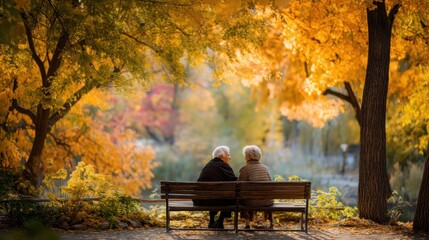 Aufkleber - Senior Couple Sitting on Bench in Autumn Park With Golden Leaves Reflecting Companionship and Active Retirement Lifestyle Moments of Togetherness : Generative AI