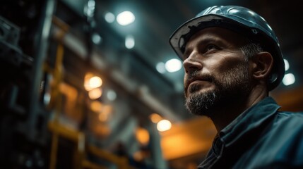 Aufkleber - Close Up of Determined Man Wearing Hard Hat Looking Up in Factory Setting Symbolizing Industry Progress Future Vision and Dedicated Hard Work : Generative AI