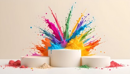 Poster - Vibrant colorful powder explosion creating an artistic display on a product display podium