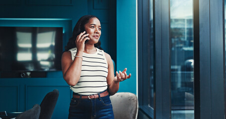 Poster - Office, businesswoman and journalist with phone call for talking, negotiation and questions to source. Career, person and publication editor with mobile for news verification, discussion and contact