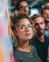 Fototapete - Focused Woman in Glasses with Diverse Team Looking Up, Representing Teamwork Collaboration Innovation and Business Strategy in a Modern Office Setting : Generative AI