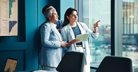 Poster - Pointing, tablet and business people in office, conversation and charts for property development. Group, cooperation and employees in workplace, tech and advisor for real estate, communication or app