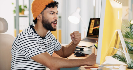 Aufkleber - Fist pump, computer and excited with business man in office for graphic designer, digital media project and winner. Website branding, achievement and success with person in startup for celebration