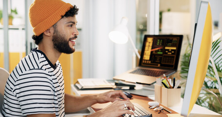 Poster - Creative, man and typing on computer at desk for social media insights, campaign performance and data analysis. Marketing employee, person and happy with digital app for engagement metrics in office