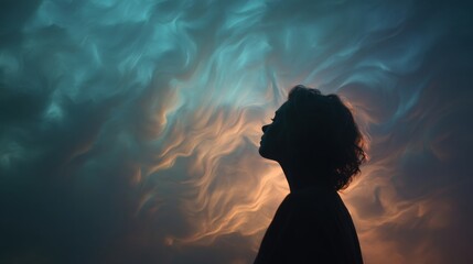 Poster - Silhouette of a Woman Looking Up at a Dramatic Sky at Sunset, Representing Awe and Wonder With Potential Use in Mental Health Campaigns : Generative AI