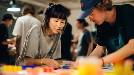 Aufkleber - Young Adults Working Together on Creative Project at Table in Studio, Illustrating Collaboration and Teamwork in a Modern Workspace for Business and Education : Generative AI