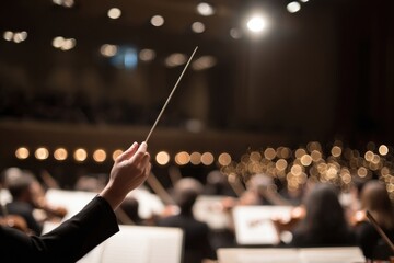 Aufkleber - Orchestra Conductor Leading Musicians in Concert Hall With Baton and Blurred Lights, Depicting Artistic Expression and Cultural Performance : Generative AI