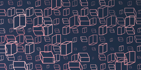 Poster - A vibrant abstract pattern of layers of repeating 3D cubes in purple, brown and blue placed on a dark blue background. The bold geometric design and contrasting colors create a striking modern visual.
