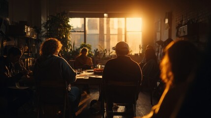 Poster - Group of People Gathered Around Table at Sunset in Office, Representing Collaboration and Teamwork in a Creative Environment for Corporate Communications and Business Strategy : Generative AI