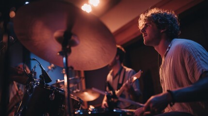 Aufkleber - Young Man Playing Drums with Band Under Warm Stage Lights During a Live Performance, Capturing the Energy of Music, Entertainment, and Artistic Expression : Generative AI