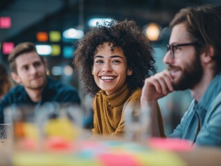 Poster - diverse group of colleagues or friends talking and smiling happily during a casual meeting represent