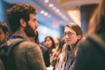 Aufkleber - Focused Woman Wearing Glasses Listens Attentively to Man During Indoor Event, Capturing Business Networking and Professional Connection : Generative AI