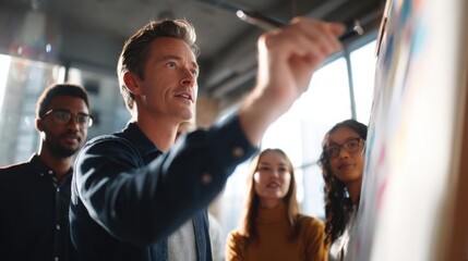 Aufkleber - Diverse Team Brainstorming Ideas on Whiteboard in Modern Office, Illustrating Collaboration and Business Strategy for Professional Development : Generative AI