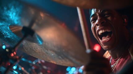 Poster - Close Up of Energetic Black Man Drummer Sweating and Shouting on Stage, Capturing the Passion of Live Music Performance and Entertainment : Generative AI