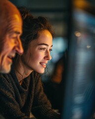 Aufkleber - Close-up of Young Woman and Older Man Looking at Computer Screen Together in Warm Dim Light, Representing Mentorship Learning and Digital Connection : Generative AI