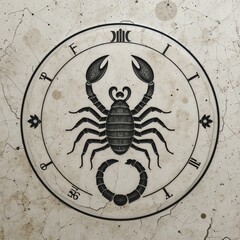a detailed illustration of a scorpion zodiac symbol surrounded by astrological markings, representin