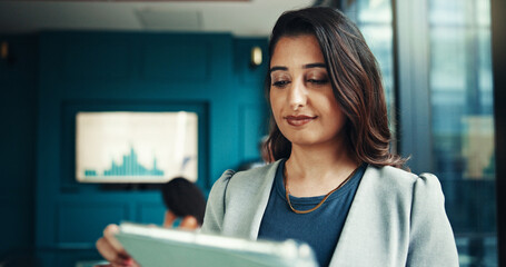 Poster - Tablet, finance and business woman in office for research, investment data or reading email for analysis. Digital technology, app and happy worker check report online for profit, stats and project