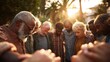 © Generative AI - Diverse Group of People Huddled Together Praying Outdoors at Sunset, Symbolizing Hope and Spiritual Community Support : Generative AI
