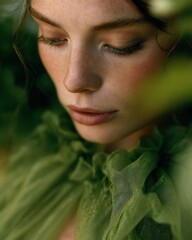 Poster - Close-up Portrait of a Young Woman with Freckles and Eyes Closed Surrounded by Green Leaves, Evoking Natural Beauty Wellness and Environmental Awareness : Generative AI