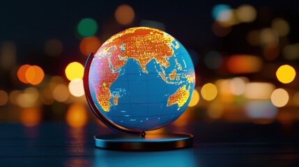 Poster - Vibrant globe showcasing continents in bright colors against blurred city background, symbolizing global connectivity and exploration