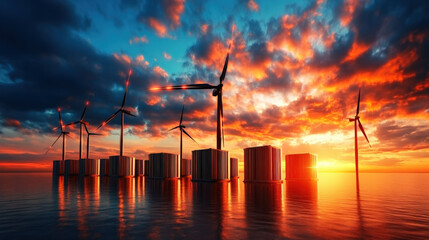 Poster - Row of wind turbines and energy storage units stand against vibrant sunset sky, reflecting on calm water, symbolizing renewable energy and sustainability