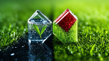 Poster - Two glass houses, one filled with water and green leaf, other with red and green materials, sit on vibrant grass, symbolizing environmental sustainability and innovation
