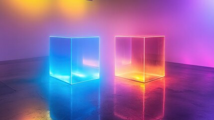 Poster - Two glowing cubes sit on a reflective surface in a vibrant, colorful room. Perfect for illustrating technology, modern art, or creative presentations.