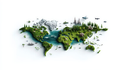 Poster - Creative world map illustration features diverse landscapes, including forests, mountains, and oceans, symbolizing global biodiversity and environmental sustainability. Airplanes and ships add