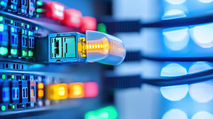 Aufkleber - close up view of fiber optic cable connected to network switch, showcasing vibrant lights and techno