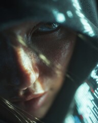 Poster - Close-Up of Woman in Hooded Techwear With Glowing Accents, Representing Urban Style and Futuristic Fashion Trends for Young Adult Audiences : Generative AI