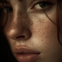 Poster - Close-Up of Woman's Face With Freckles and Intense Gaze, Evoking Natural Beauty and Authentic Portrayal of Skin Imperfections for Beauty Product Marketing : Generative AI