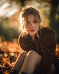 Fototapete - Young Woman With Freckles Sitting Among Fallen Autumn Leaves in Warm Golden Light, Representing Natural Beauty and the Peaceful Feeling of Seasonal Change : Generative AI