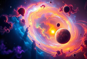 vibrant nebulae swirl around luminous planets in a fantastical cosmic landscape, mystery, science fi