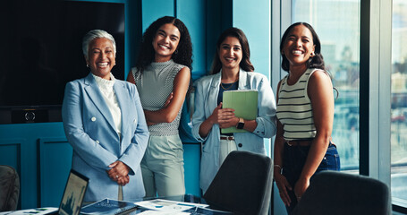 Fototapete - Teamwork, tablet and business women in office, portrait and confidence with profit growth. Group, cooperation and employees in workplace, female empowerment or financial advisor with happiness or app