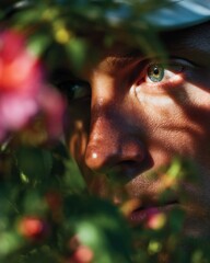 Poster - Intense Gaze of a Man Peeking Through Rose Bush, Representing Mystery and Introspection for Mental Health Campaign and Personal Growth Journey : Generative AI