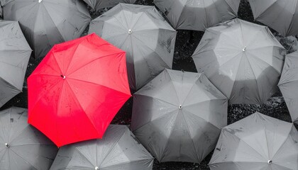 Poster - Unique red umbrella stands out among grey umbrellas urban setting photography contrast aesthetic appeal