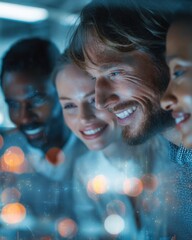 Fototapete - Diverse Team Smiling and Collaborating in Modern Office at Night, Illustrating Teamwork and Innovation in Business and Corporate Success : Generative AI