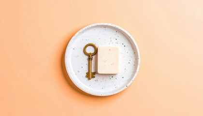 Poster - Key and soap bar arrangement on a decorative plate minimalist home decor indoor setting aesthetic viewpoint