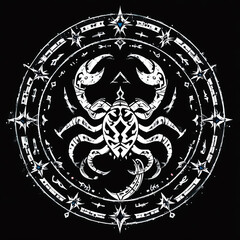 intricate scorpion design in black and white, featuring astrological symbols and mystical elements, 