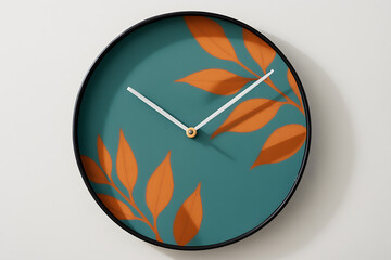 Poster - Clock with Leaf Design: A captivating close-up of a modern clock features an elegant teal face adorned with artistic orange leaf patterns, and sleek white hands.