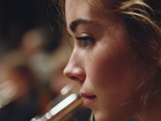 Poster - Close-up Profile of Young Woman Playing Brass Instrument with Intense Focus and Warm Lighting, Capturing Dedication, Musical Performance, and Concentration : Generative AI
