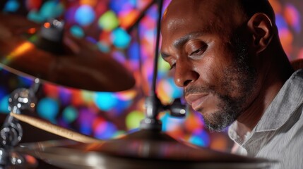 Poster - African American Drummer Lost in Music Playing Cymbals With Colorful Bokeh Lights, Representing Artistic Expression and Musical Performance : Generative AI