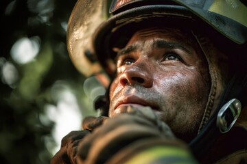 Poster - Close-up Portrait of a Sweaty, Gritty Firefighter Looking Up, Showing Determination and Resilience, Representing Heroism and Essential Service : Generative AI