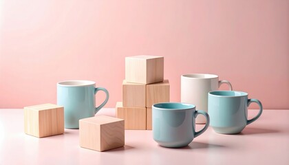 Poster - Creative arrangement of stylish cups and wooden blocks minimalist studio product photography soft background modern aesthetic